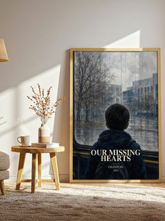 Our Missing Hearts watercolour print in frame leaning in hallway – dystopian wall art