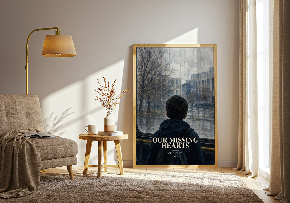 Our Missing Hearts watercolour print in frame leaning in hallway – dystopian wall art (mockup)