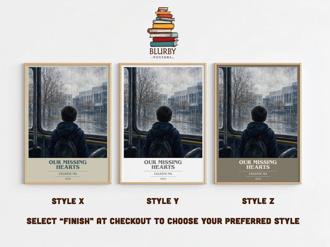 Our Missing Hearts book cover print in frame leaning in hallway – dystopian wall art (mockup)
