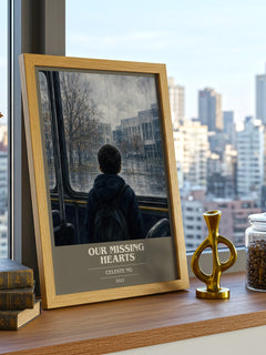 Our Missing Hearts book cover print framed by window – literary home decor