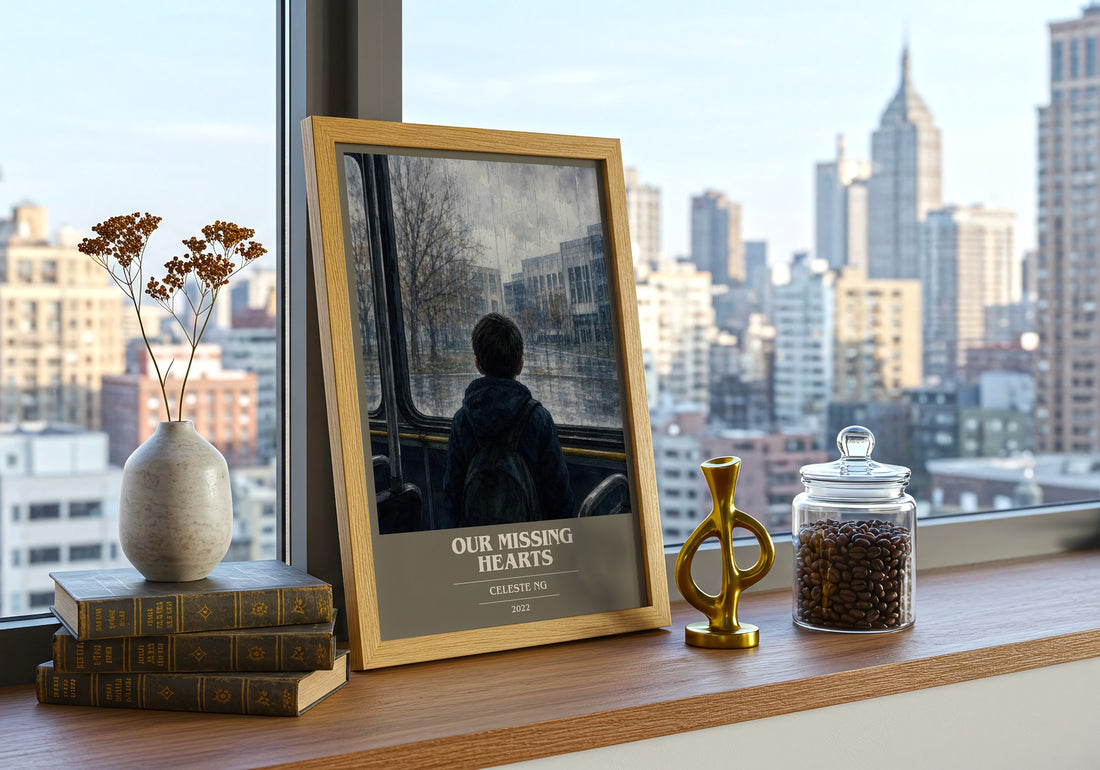 Our Missing Hearts book cover print framed by window – literary home decor