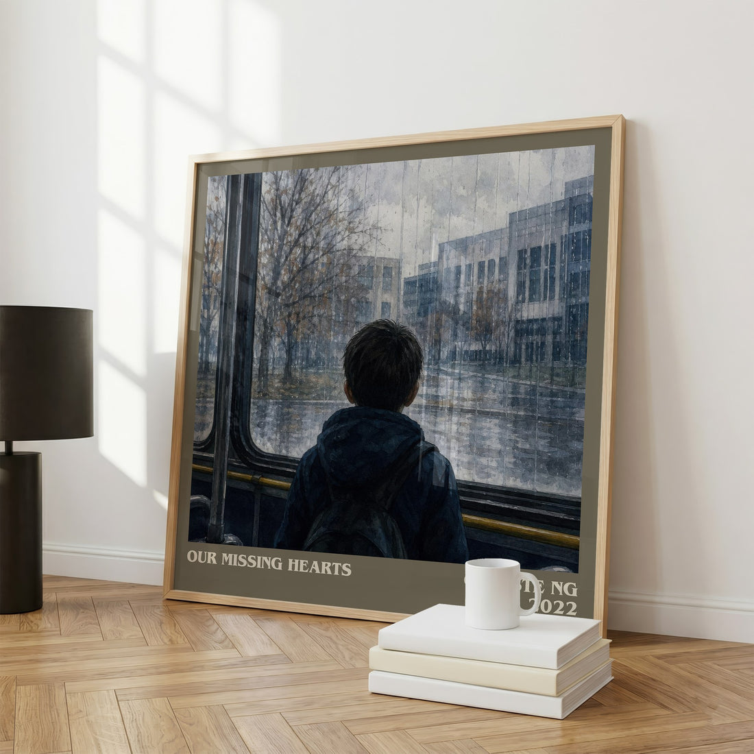 Our Missing Hearts literary print framed by window – literary home decor