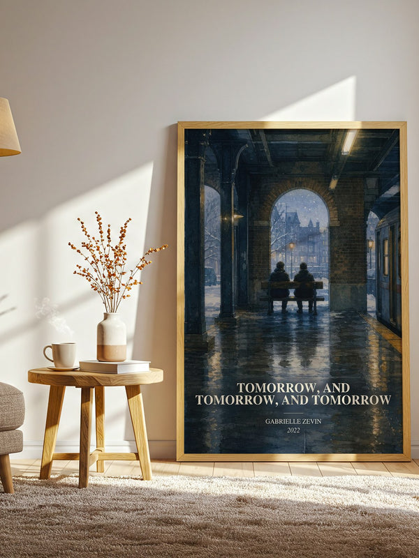 Tomorrow, and Tomorrow, and Tomorrow watercolour print in frame leaning in hallway – contemporary fiction wall art
