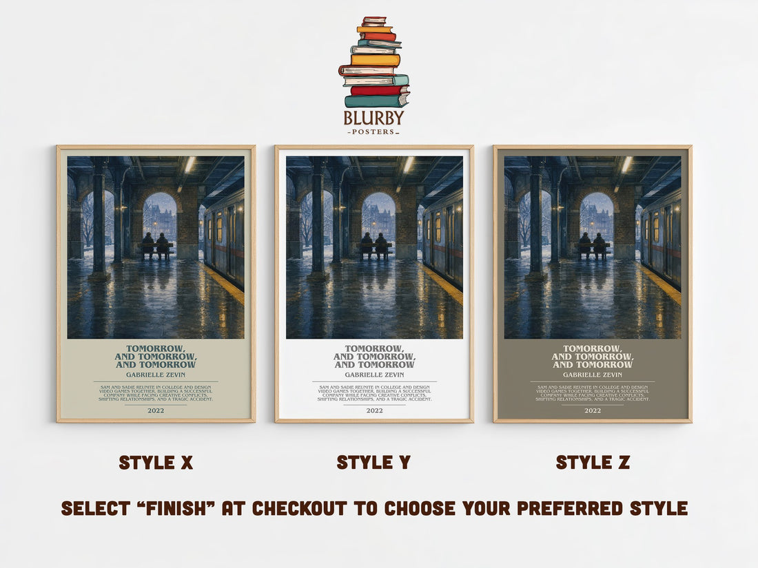 Tomorrow, and Tomorrow, and Tomorrow bookish print in frame leaning in hallway – contemporary fiction wall art (mockup)