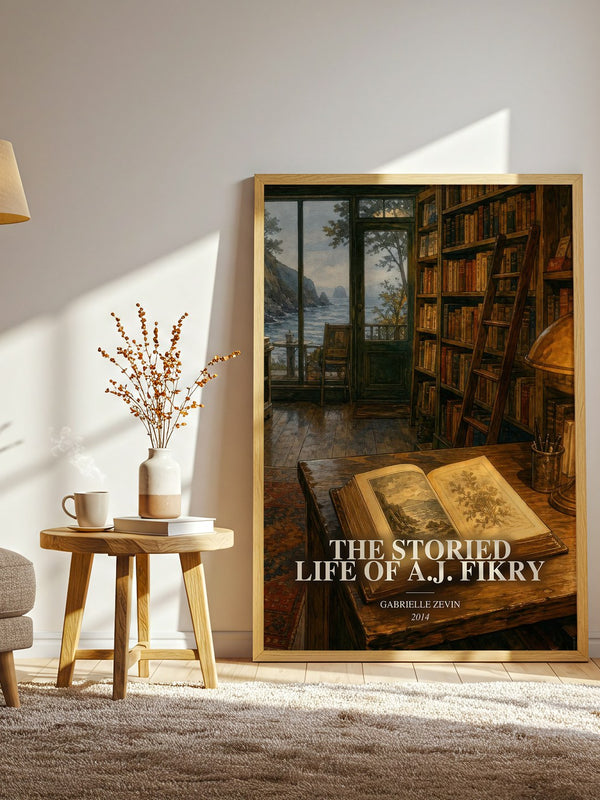 The Storied Life of A.J. Fikry watercolour print in frame leaning in hallway – contemporary fiction wall art