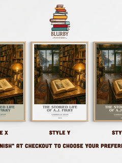 The Storied Life of A.J. Fikry book cover print in frame leaning in hallway – contemporary fiction wall art
