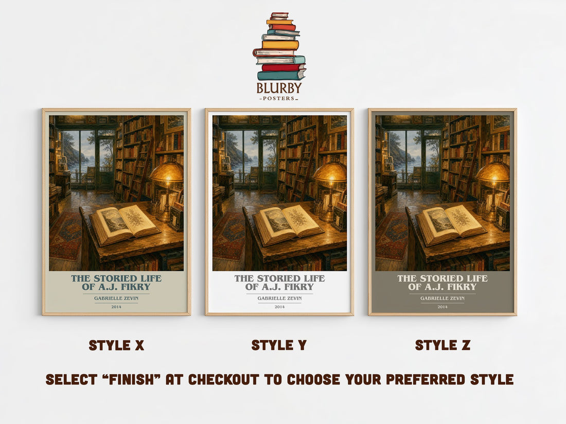 The Storied Life of A.J. Fikry book cover print in frame leaning in hallway – contemporary fiction wall art (mockup)