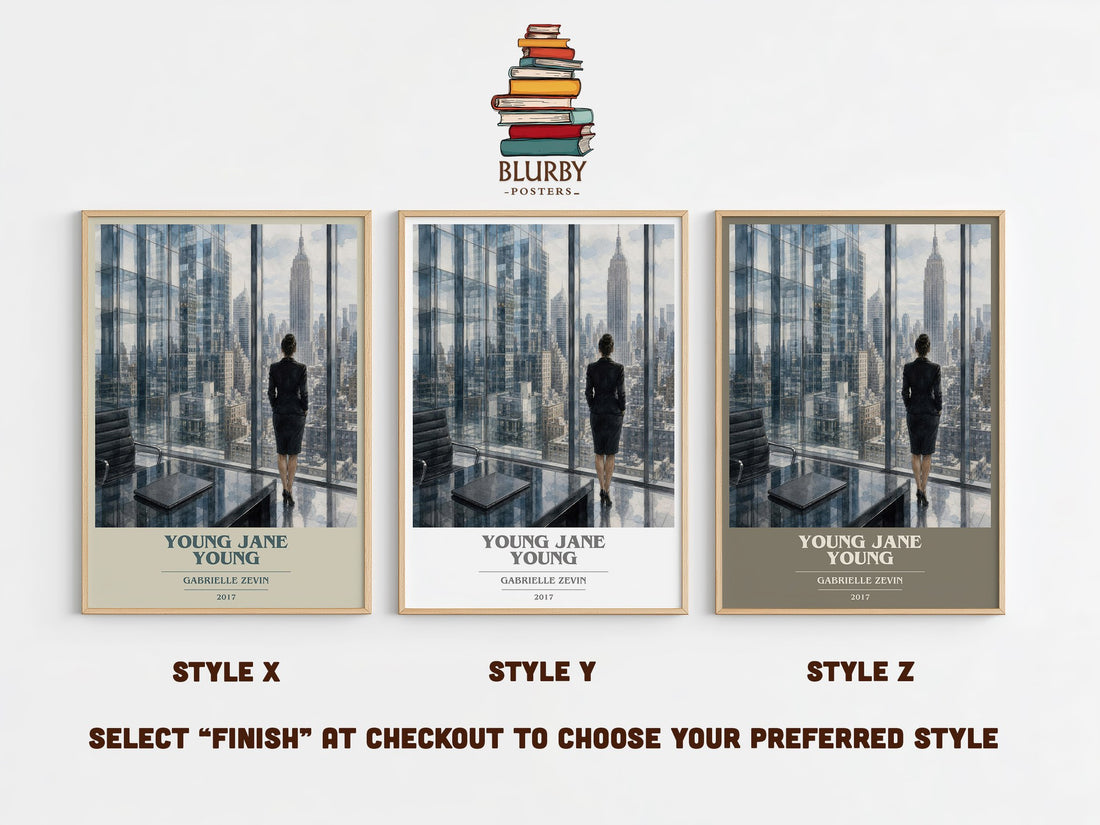 Young Jane Young book cover print in frame leaning in hallway – contemporary fiction wall art (mockup)