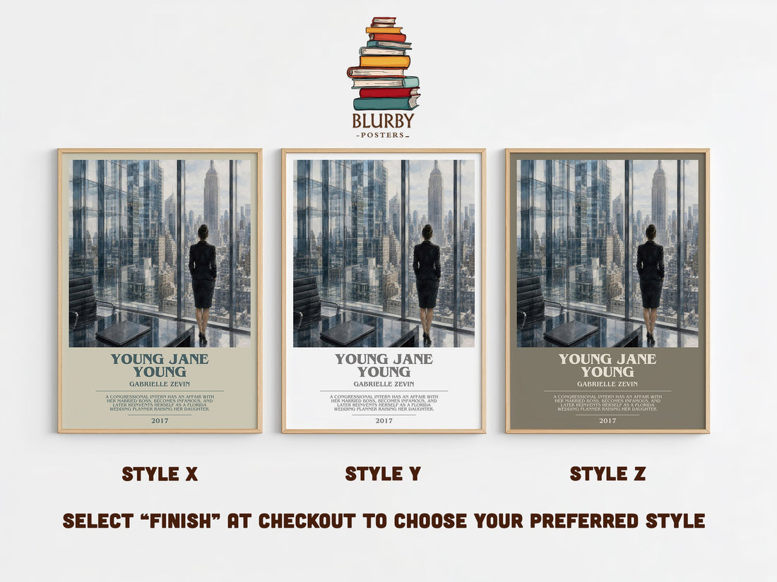 Young Jane Young bookish print in frame leaning in hallway – contemporary fiction wall art (mockup)