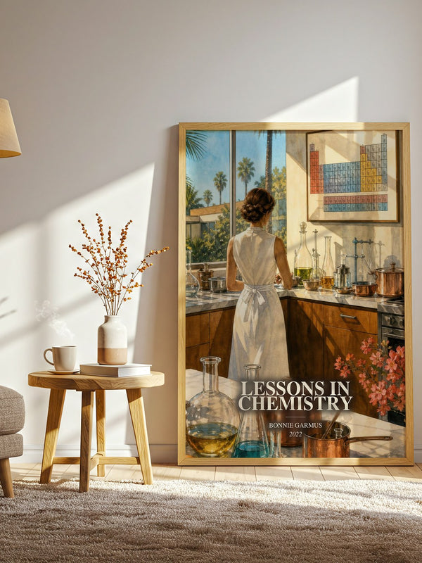 Lessons in Chemistry watercolour print in frame leaning in hallway – contemporary fiction wall art