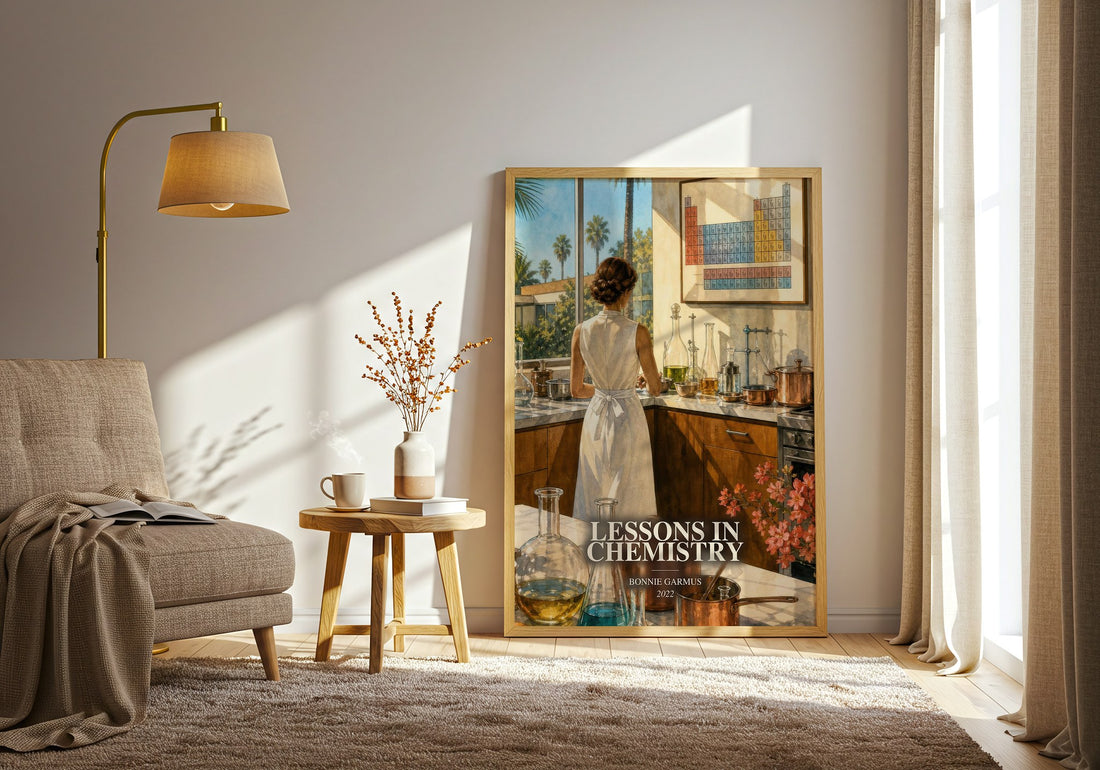 Lessons in Chemistry watercolour print in frame leaning in hallway – contemporary fiction wall art (mockup)