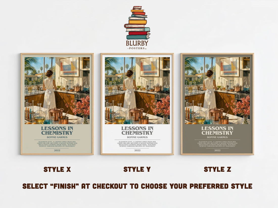 Lessons in Chemistry bookish print in frame leaning in hallway – contemporary fiction wall art (mockup)