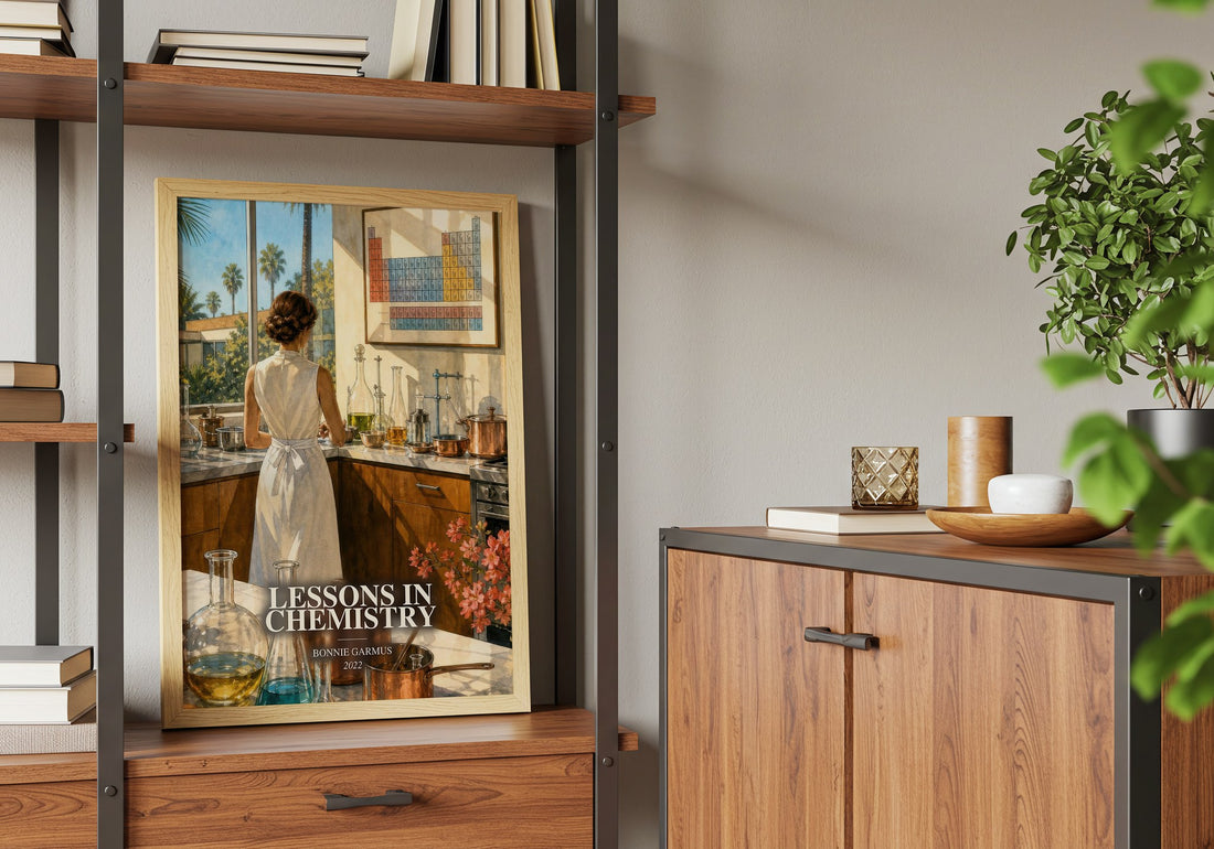 Lessons in Chemistry Book Watercolour Illustration by Bonnie Garmus – framed print on a shelf by a wooden cabinet