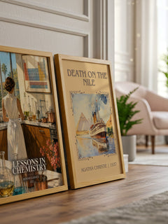 Lessons in Chemistry Book Watercolour Illustration by Bonnie Garmus – framed print leaning beside a second print