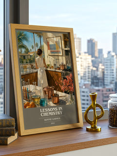 Lessons in Chemistry book cover print framed by window – literary home decor