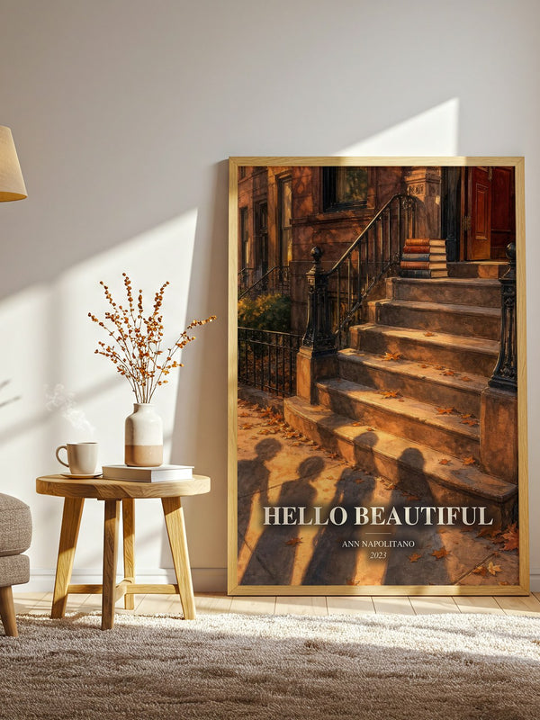 Hello Beautiful watercolour print in frame leaning in hallway – contemporary fiction wall art