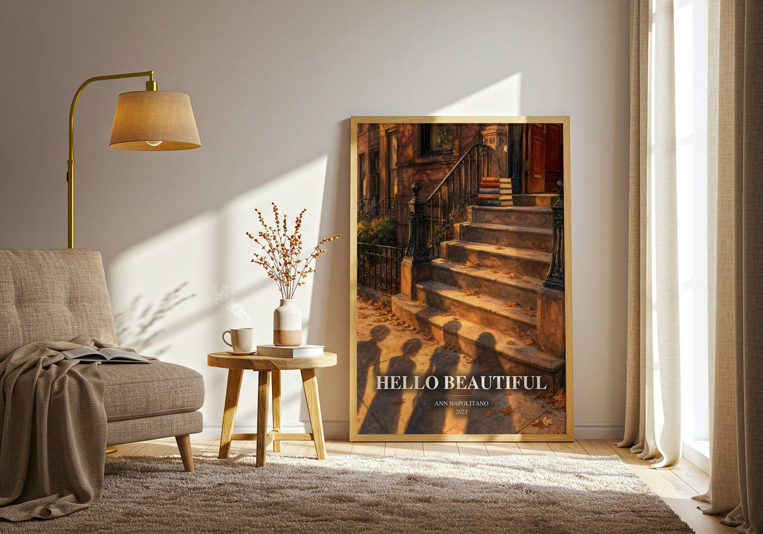 Hello Beautiful watercolour print in frame leaning in hallway – contemporary fiction wall art (mockup)