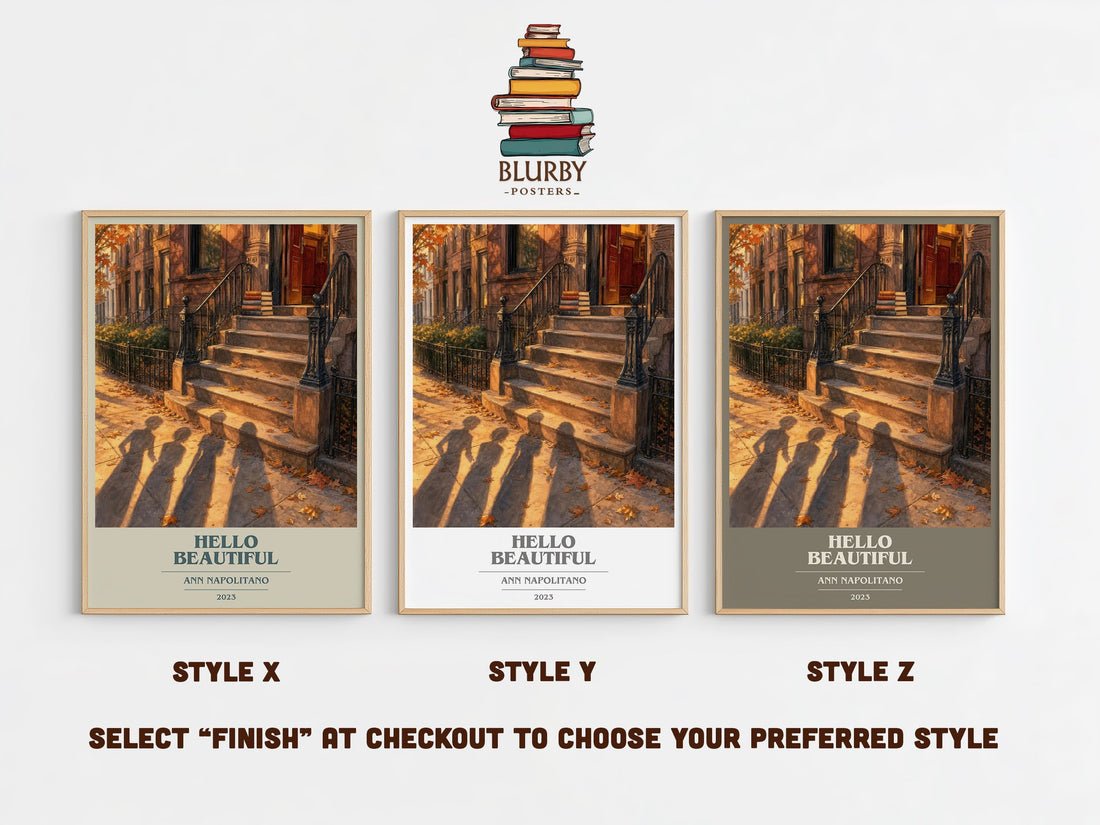 Hello Beautiful book cover print in frame leaning in hallway – contemporary fiction wall art (mockup)