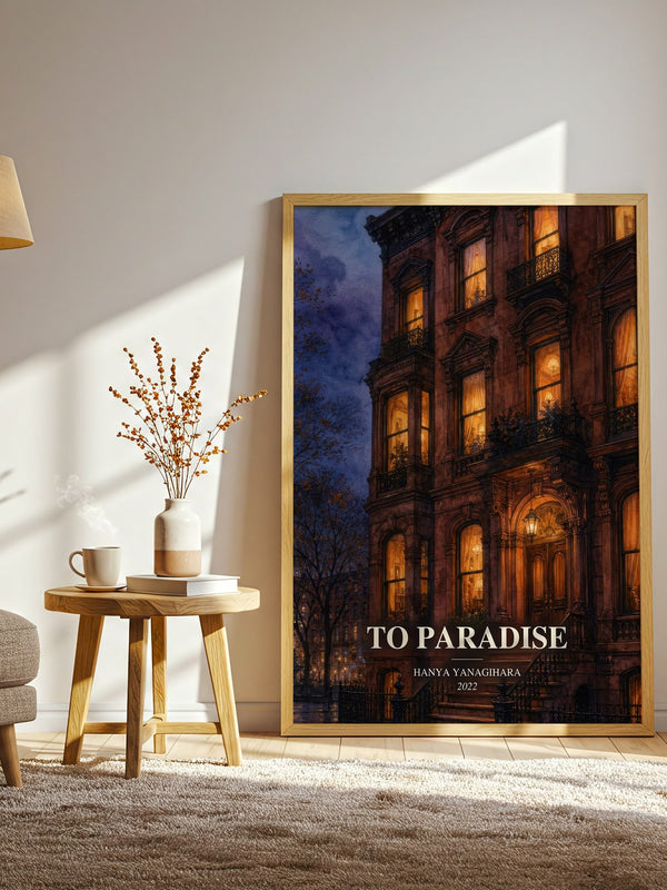 To Paradise watercolour print in frame leaning in hallway – literary fiction wall art