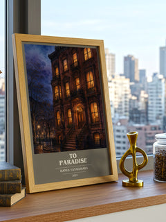 To Paradise Book Cover Poster by Hanya Yanagihara – framed print on a city-view windowsill