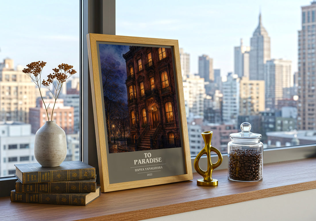 To Paradise Book Cover Poster by Hanya Yanagihara – framed print on a city-view windowsill