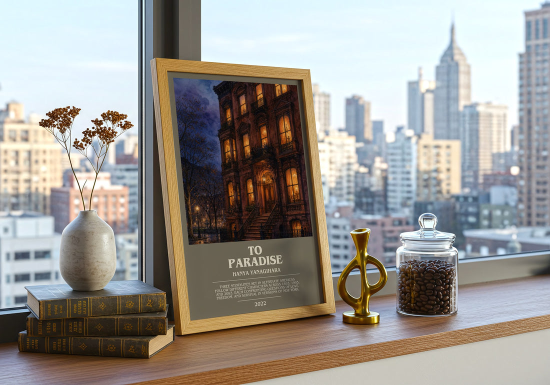 To Paradise bookish print framed by window – literary home decor