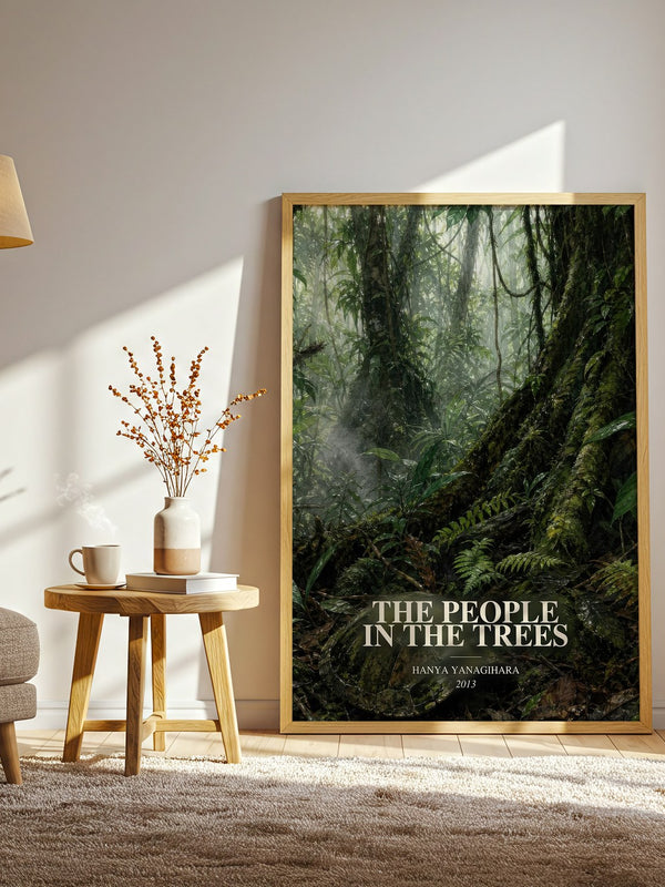 The People in the Trees watercolour print in frame leaning in hallway – literary fiction wall art