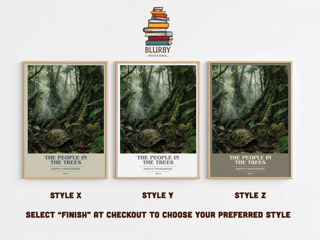 The People in the Trees book cover print in frame leaning in hallway – literary fiction wall art (mockup)