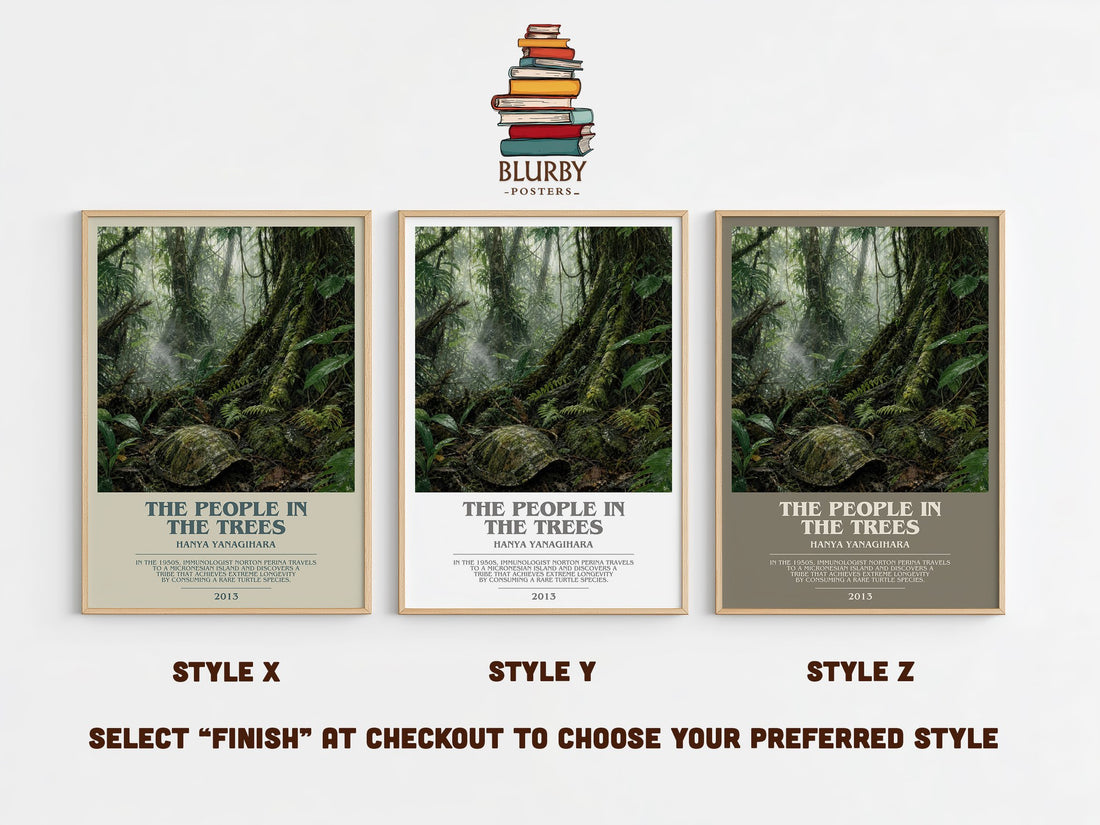 The People in the Trees bookish print in frame leaning in hallway – literary fiction wall art (mockup)