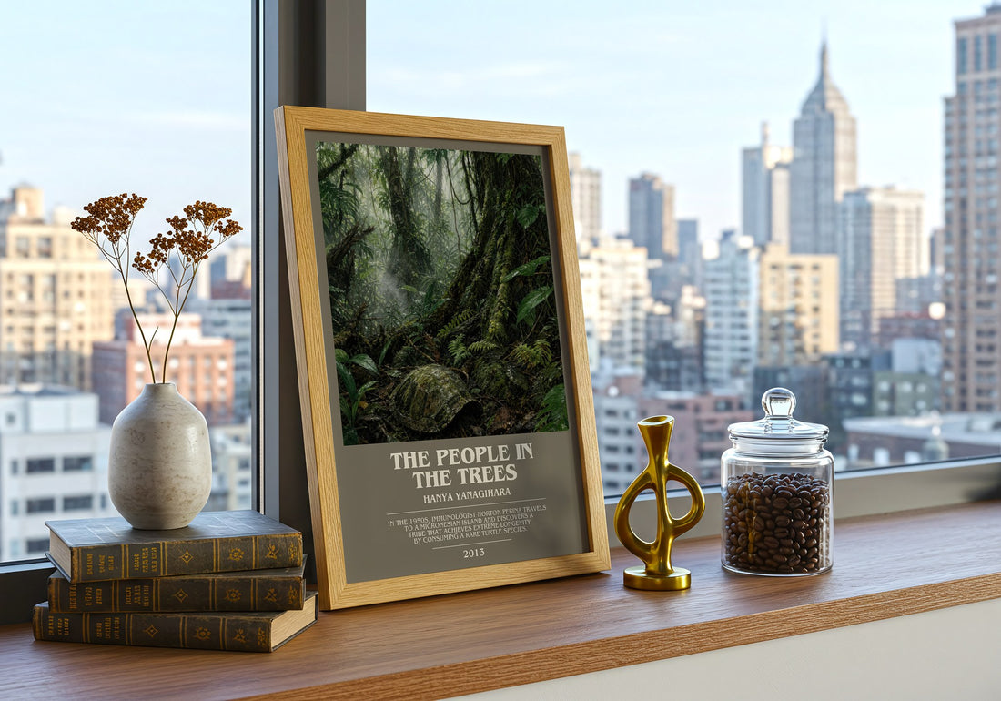 The People in the Trees bookish print framed by window – literary home decor