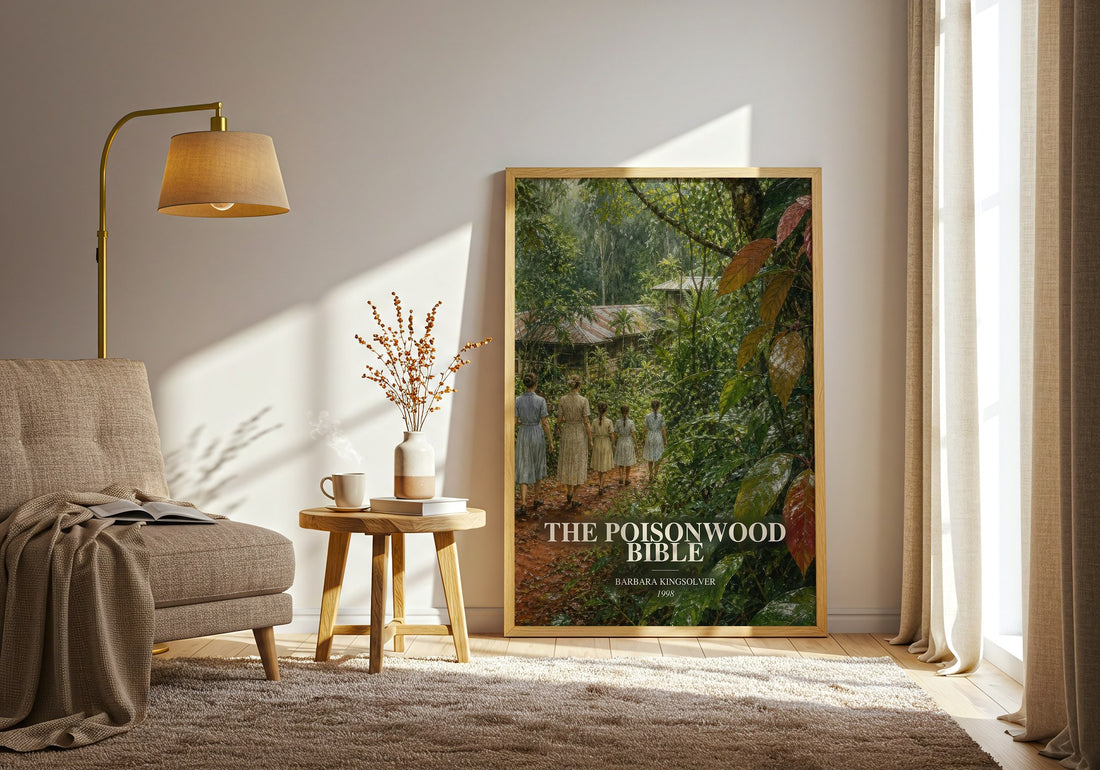 The Poisonwood Bible watercolour print in frame leaning in hallway – literary fiction wall art (mockup)