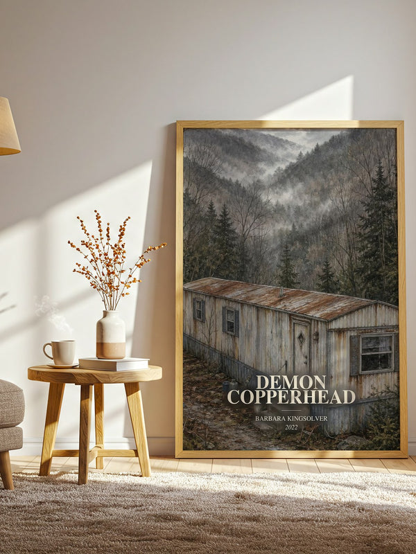 Demon Copperhead watercolour print in frame leaning in hallway – literary fiction wall art