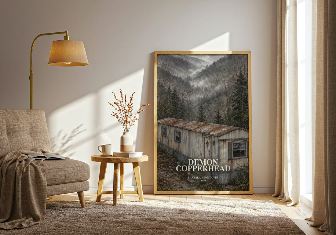 Demon Copperhead watercolour print in frame leaning in hallway – literary fiction wall art (mockup)