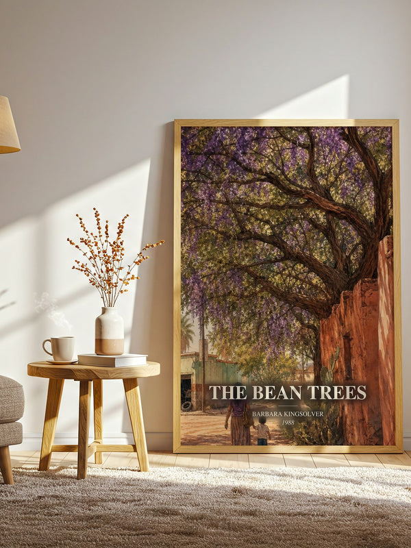 The Bean Trees watercolour print in frame leaning in hallway – contemporary fiction wall art