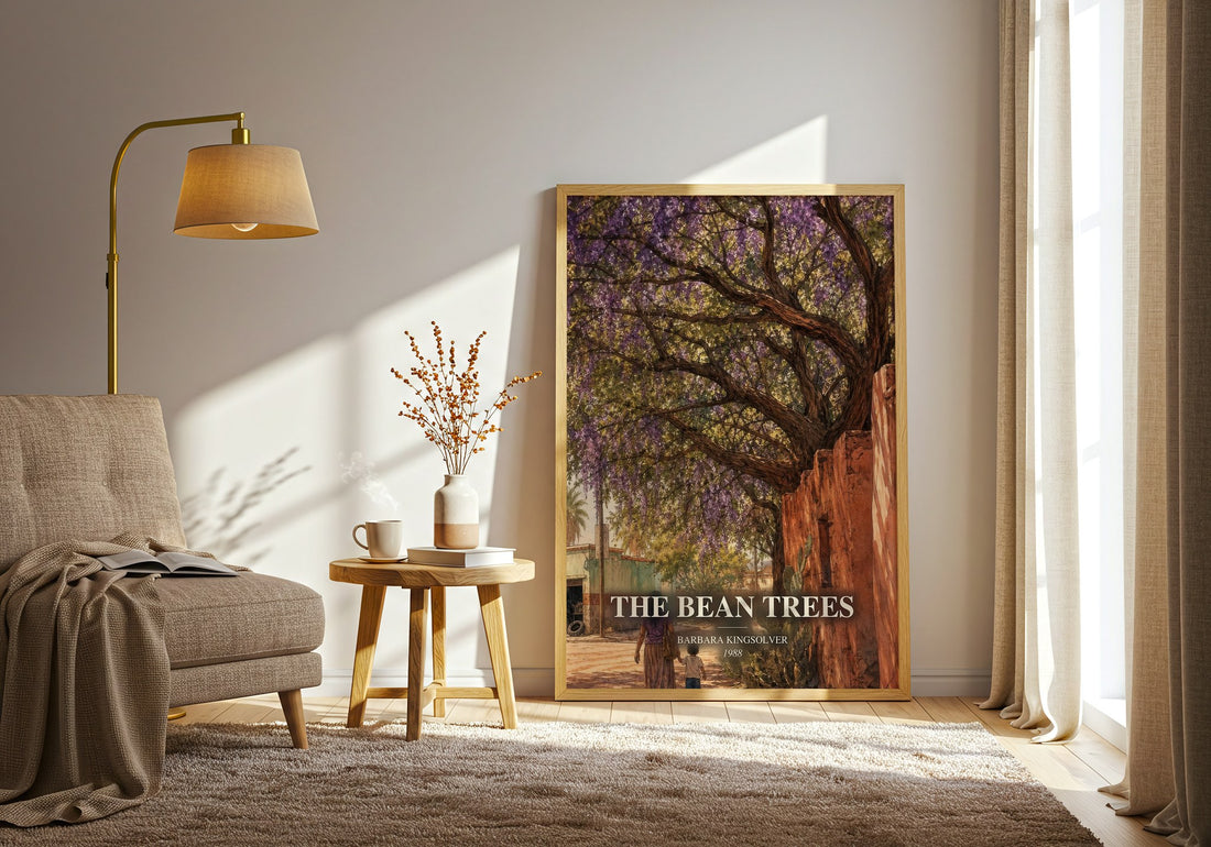 The Bean Trees watercolour print in frame leaning in hallway – contemporary fiction wall art (mockup)