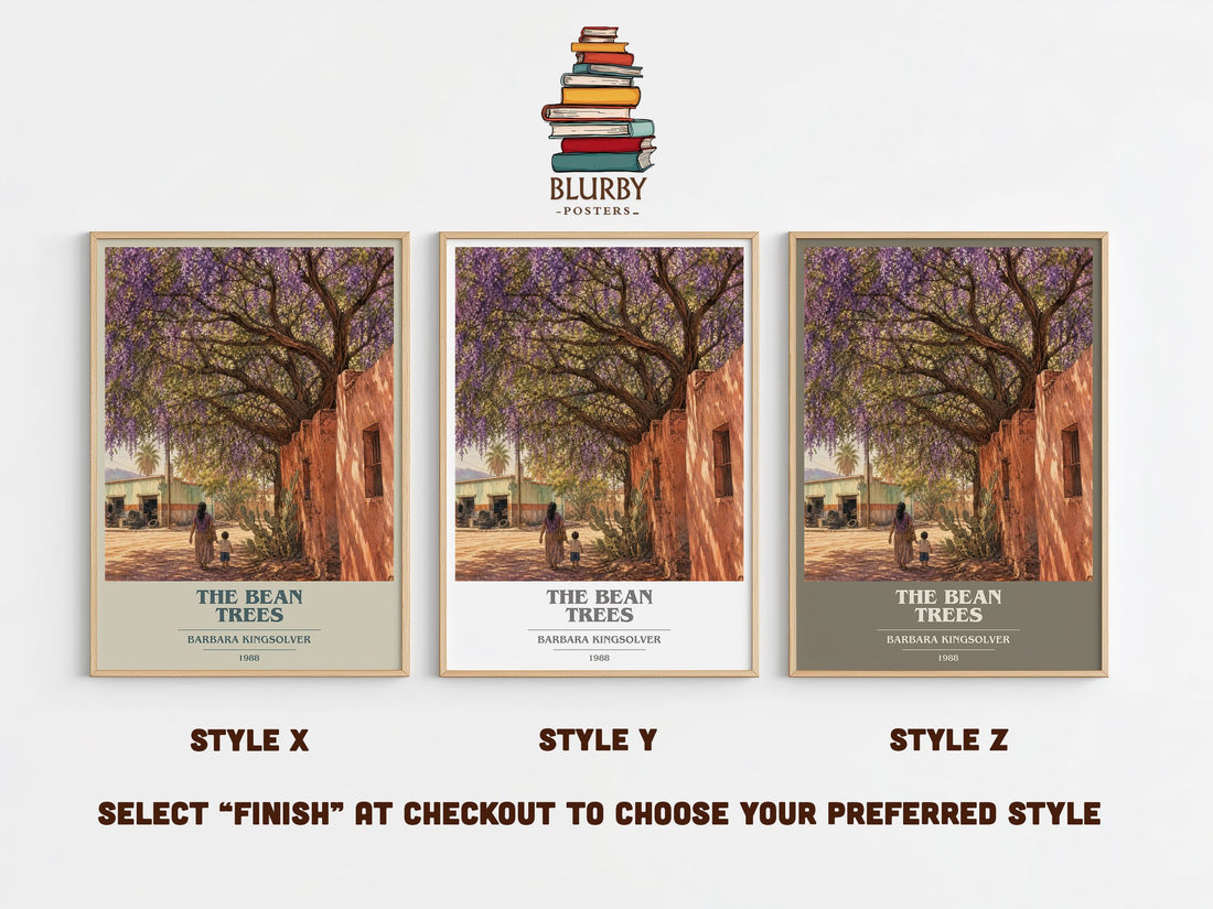 The Bean Trees book cover print in frame leaning in hallway – contemporary fiction wall art (mockup)