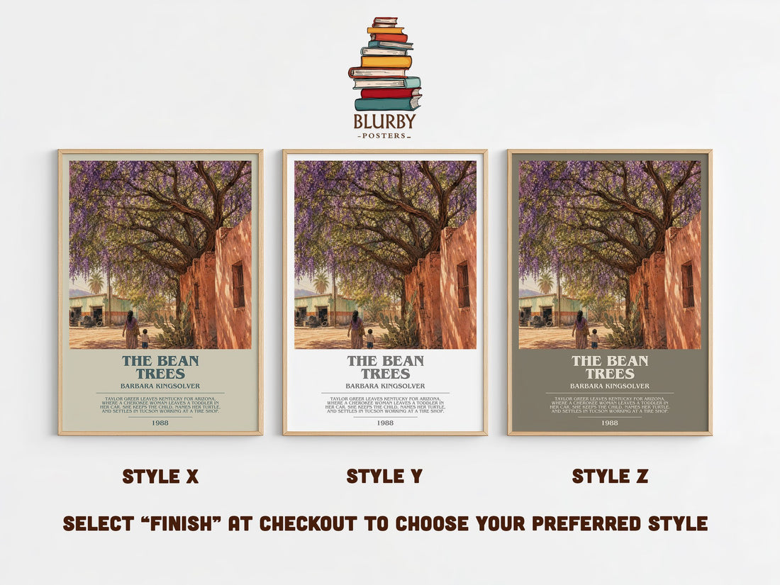 The Bean Trees bookish print in frame leaning in hallway – contemporary fiction wall art (mockup)