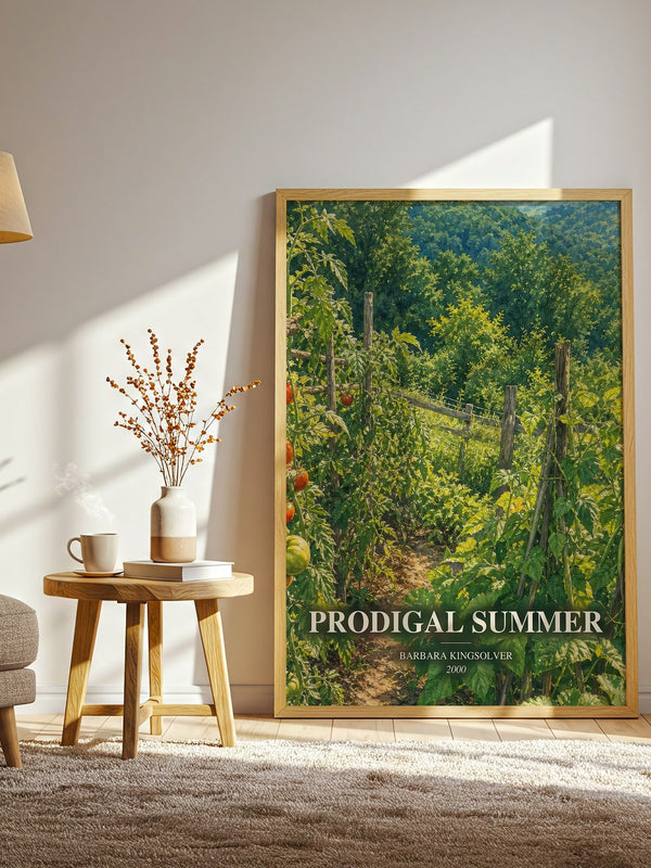Prodigal Summer watercolour print in frame leaning in hallway – contemporary fiction wall art