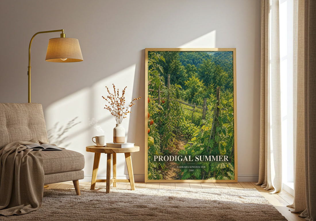Prodigal Summer watercolour print in frame leaning in hallway – contemporary fiction wall art (mockup)