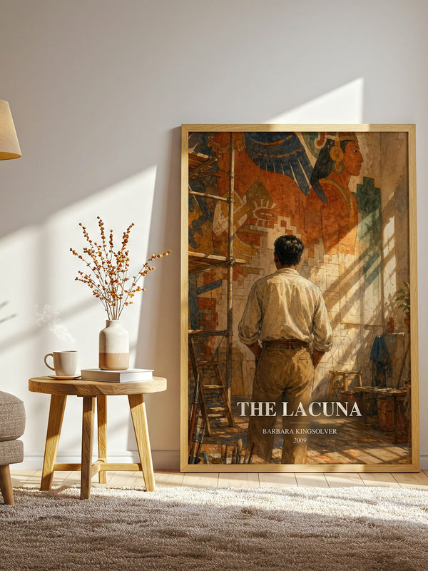 The Lacuna watercolour print in frame leaning in hallway – historical fiction wall art