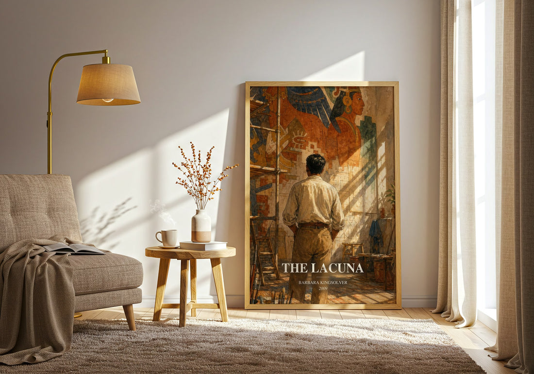 The Lacuna watercolour print in frame leaning in hallway – historical fiction wall art (mockup)