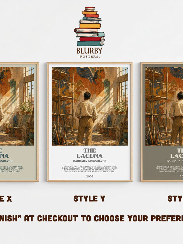 The Lacuna bookish print in frame leaning in hallway – historical fiction wall art