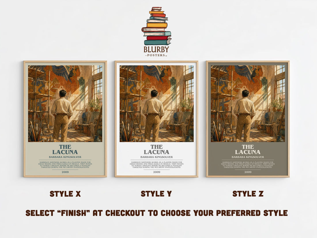The Lacuna bookish print in frame leaning in hallway – historical fiction wall art (mockup)