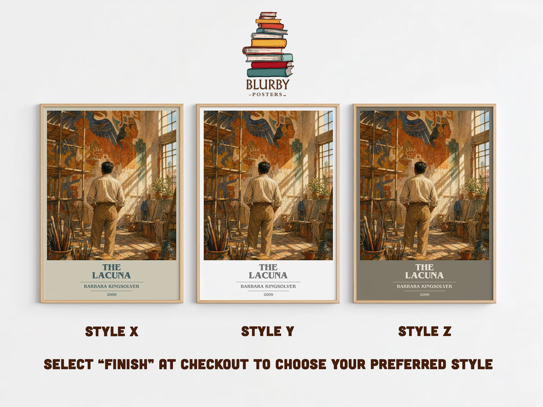 The Lacuna book cover print in frame leaning in hallway – historical fiction wall art (mockup)