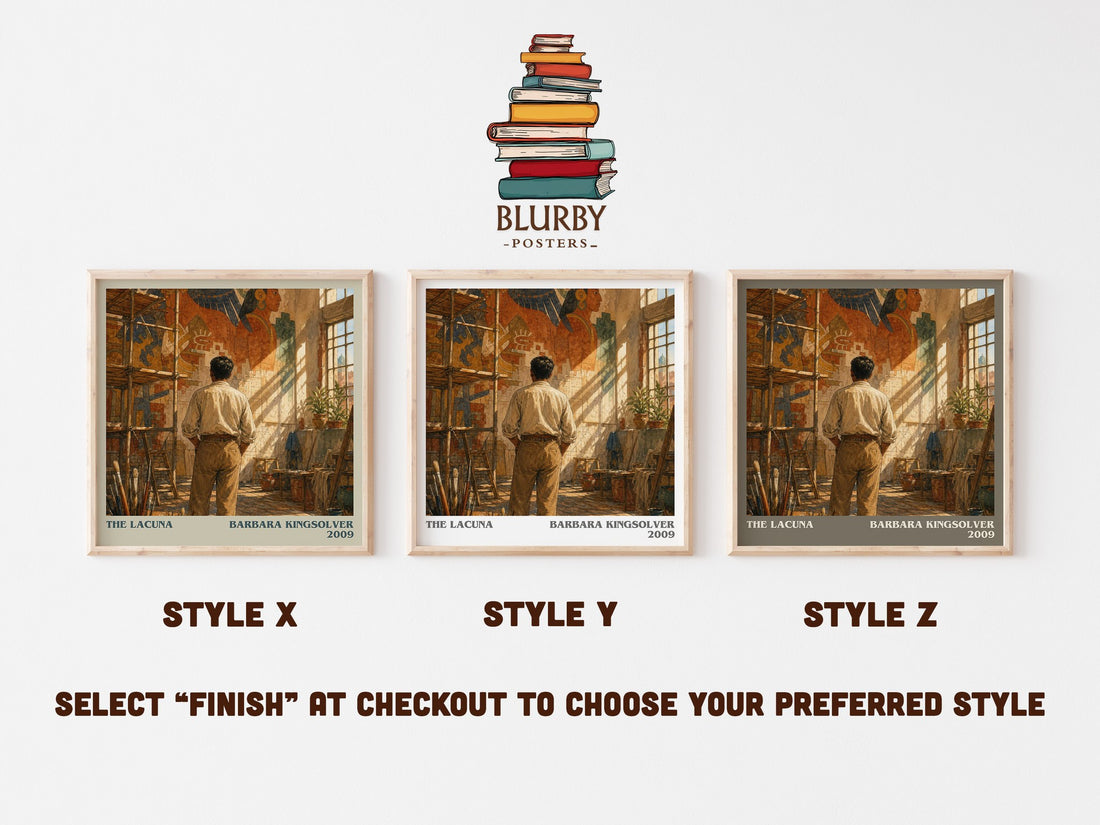 The Lacuna literary print in frame leaning in hallway – historical fiction wall art (mockup)