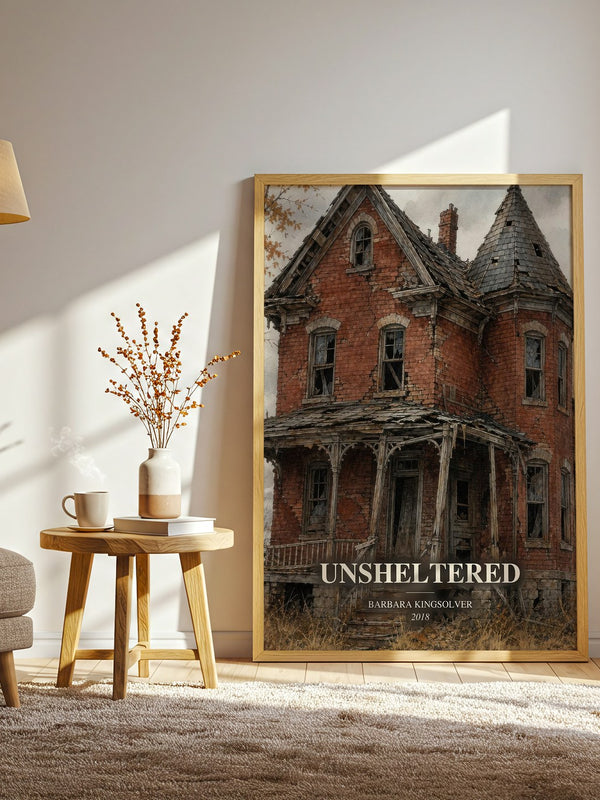 Unsheltered watercolour print in frame leaning in hallway – literary fiction wall art