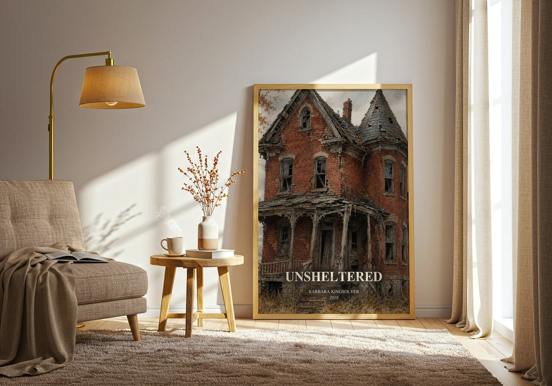 Unsheltered watercolour print in frame leaning in hallway – literary fiction wall art (mockup)