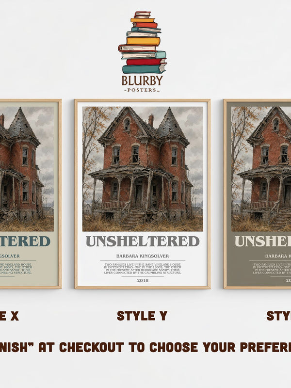 Unsheltered bookish print in frame leaning in hallway – literary fiction wall art