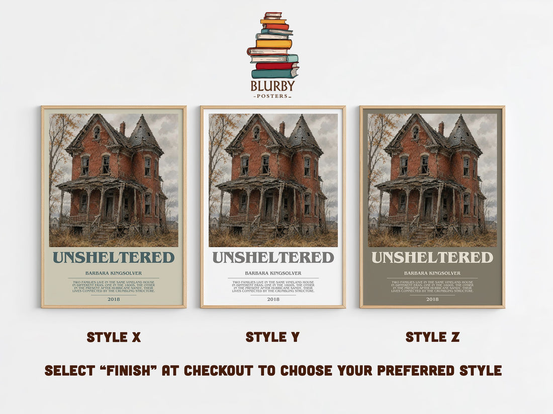 Unsheltered bookish print in frame leaning in hallway – literary fiction wall art (mockup)