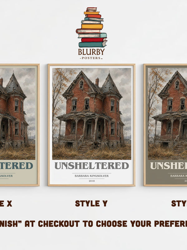Unsheltered book cover print in frame leaning in hallway – literary fiction wall art
